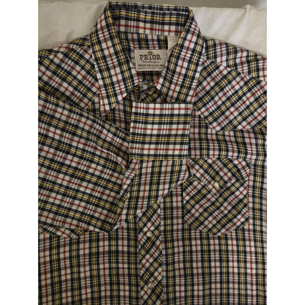Prior Western Mens Medium Plaid Cowboy Pearl Snap Button Down Shirt Long Sleeve - Picture 1 of 8